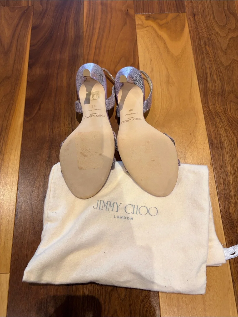 Jimmy Choo Lilac Glitter Strappy Slingback Heels - Picture 2 of 3